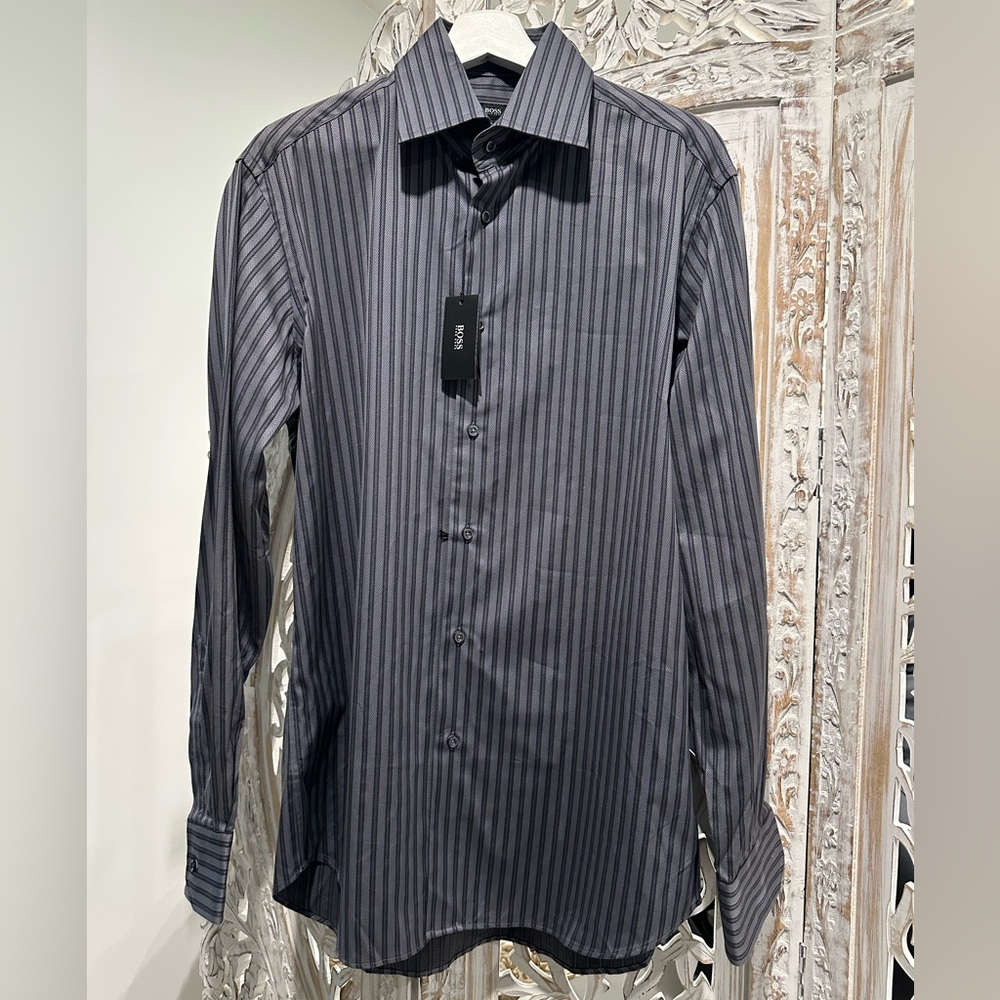 BOSS Men's Gray & Black Vertical Stripe Dress Shirt